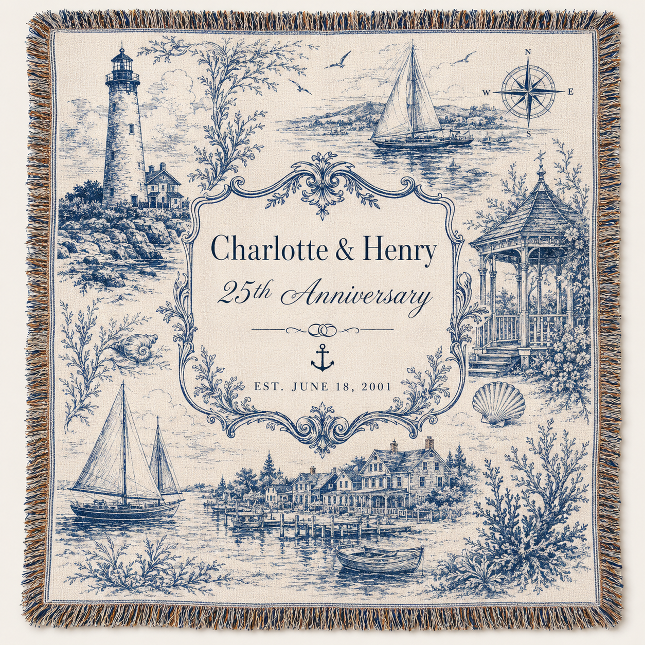 Personalized coastal anniversary woven blanket with Charlotte and Henry, lighthouse and sailboat artwork