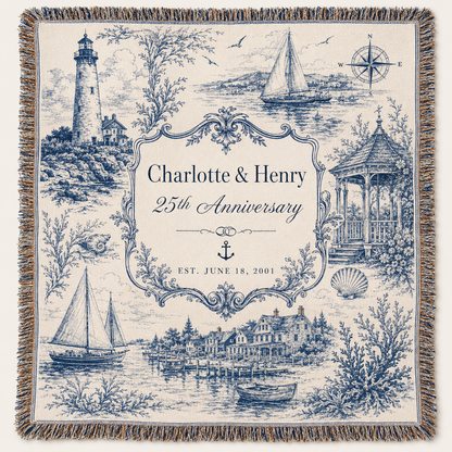 Personalized coastal anniversary woven blanket with Charlotte and Henry, lighthouse and sailboat artwork