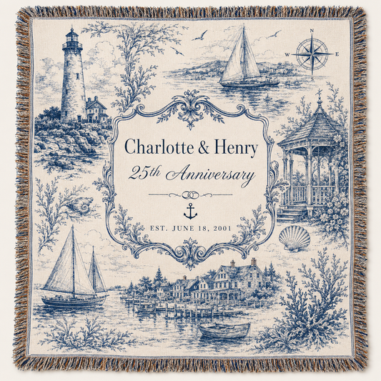 Personalized coastal anniversary woven blanket with Charlotte and Henry, lighthouse and sailboat artwork