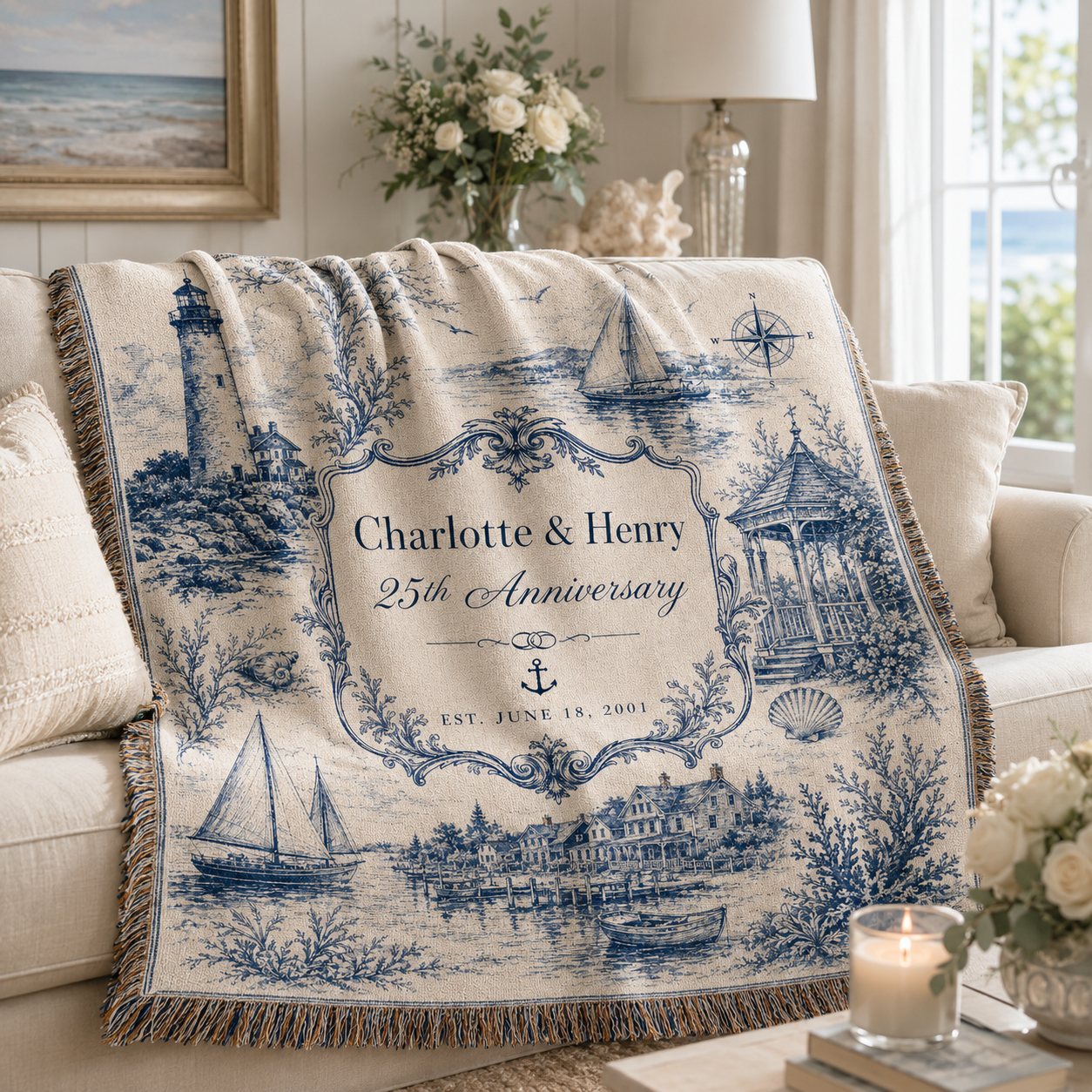 Personalized coastal anniversary woven blanket softly draped on a neutral sofa