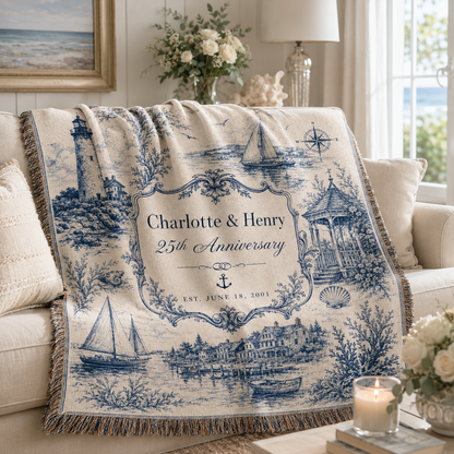 Personalized coastal anniversary woven blanket softly draped on a neutral sofa