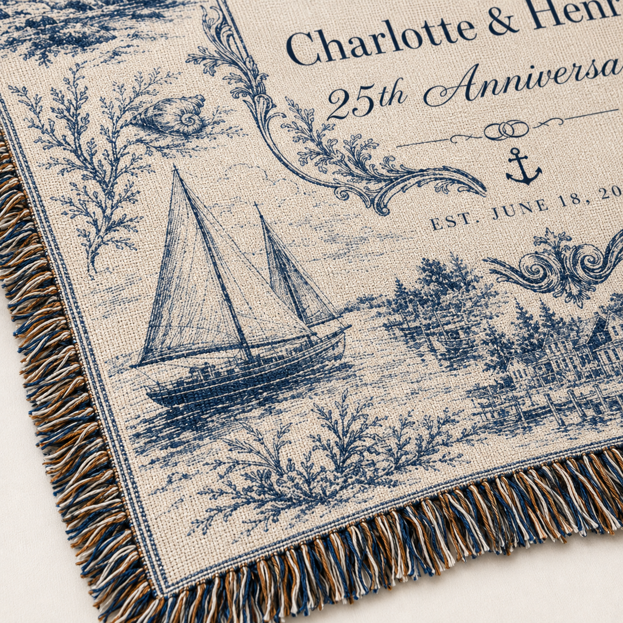 Macro detail of coastal anniversary woven blanket showing textile weave and multicolor fringe