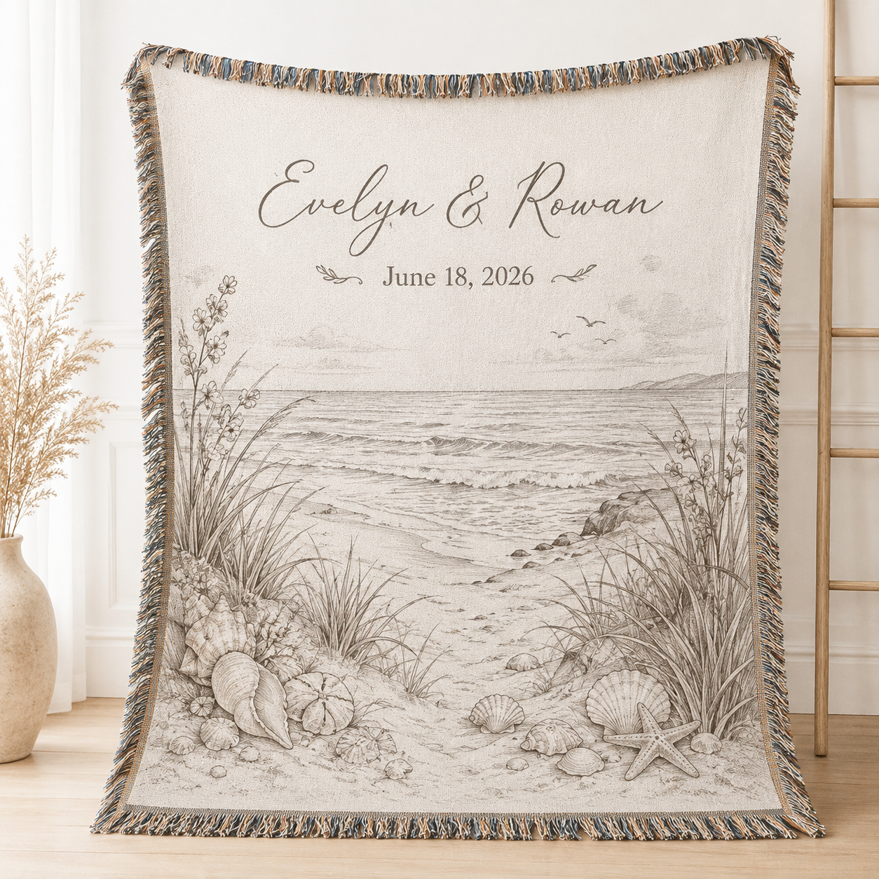 Personalized coastal beach wedding woven blanket with custom couple names and date