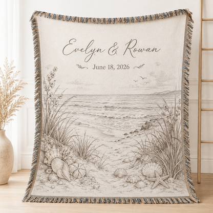 Personalized coastal beach wedding woven blanket with custom couple names and date