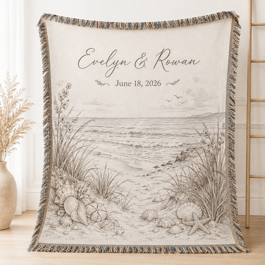 Personalized coastal beach wedding woven blanket with custom couple names and date