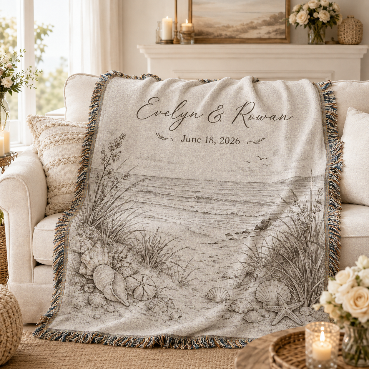 Personalized coastal beach wedding woven blanket softly draped on a sofa