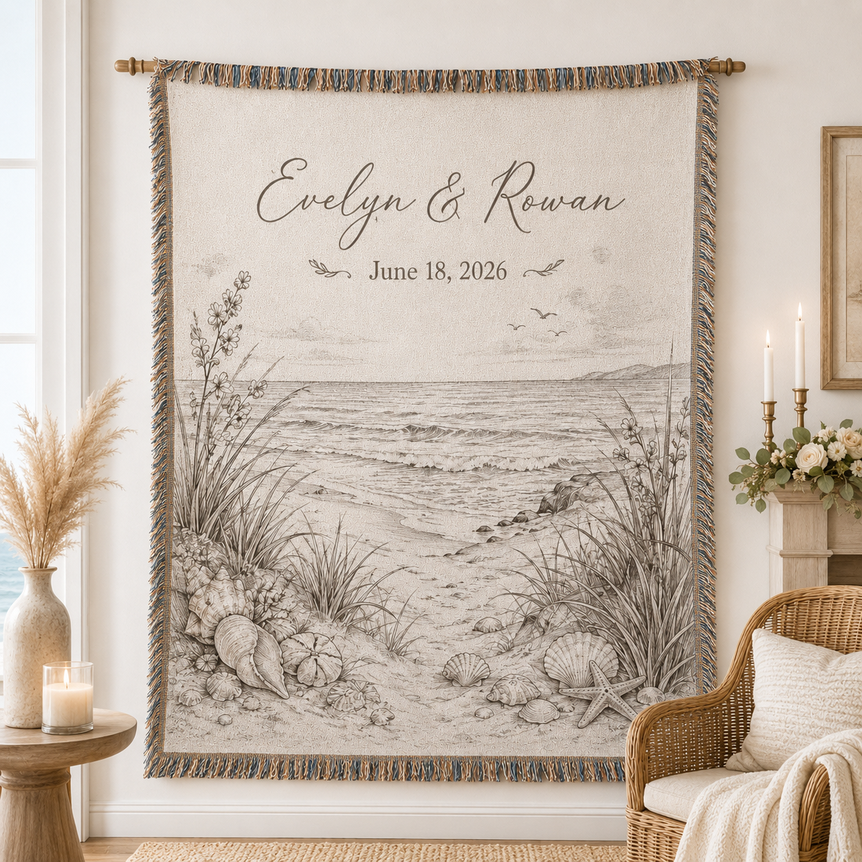 Personalized coastal beach wedding woven blanket displayed as coastal wall decor