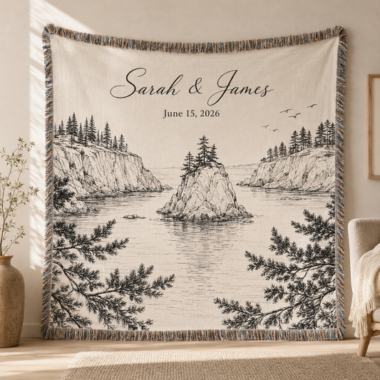 Personalized coastal cliff wedding woven blanket with Sarah and James names and wedding date