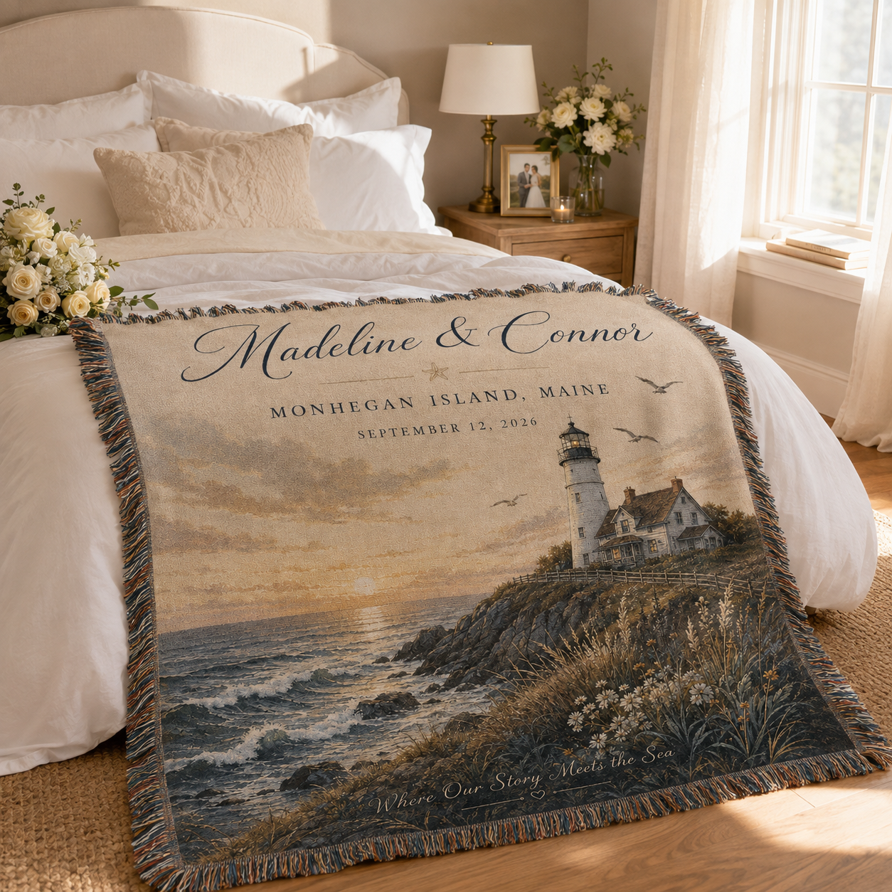 Personalized coastal lighthouse wedding woven blanket styled across a romantic bedroom bed