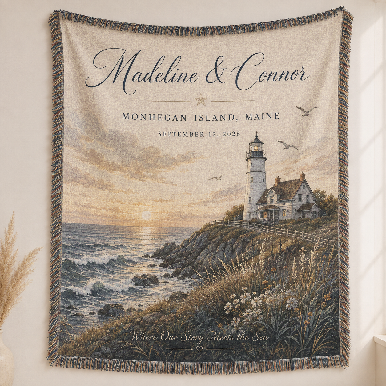 Personalized coastal lighthouse wedding woven blanket with couple names, location and date