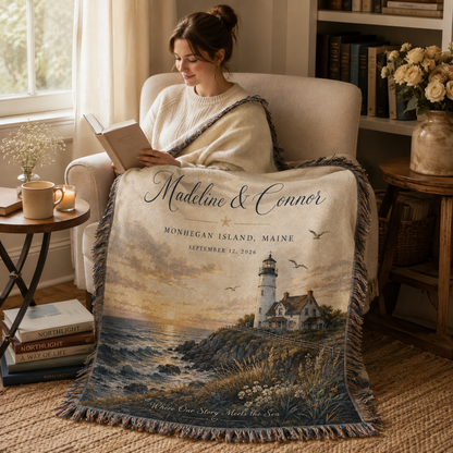 Personalized coastal lighthouse wedding woven blanket used in a cozy reading nook