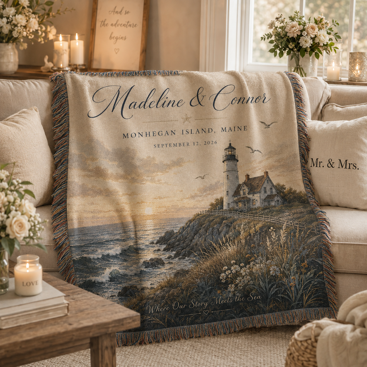 Personalized coastal lighthouse wedding woven blanket softly draped on a neutral sofa