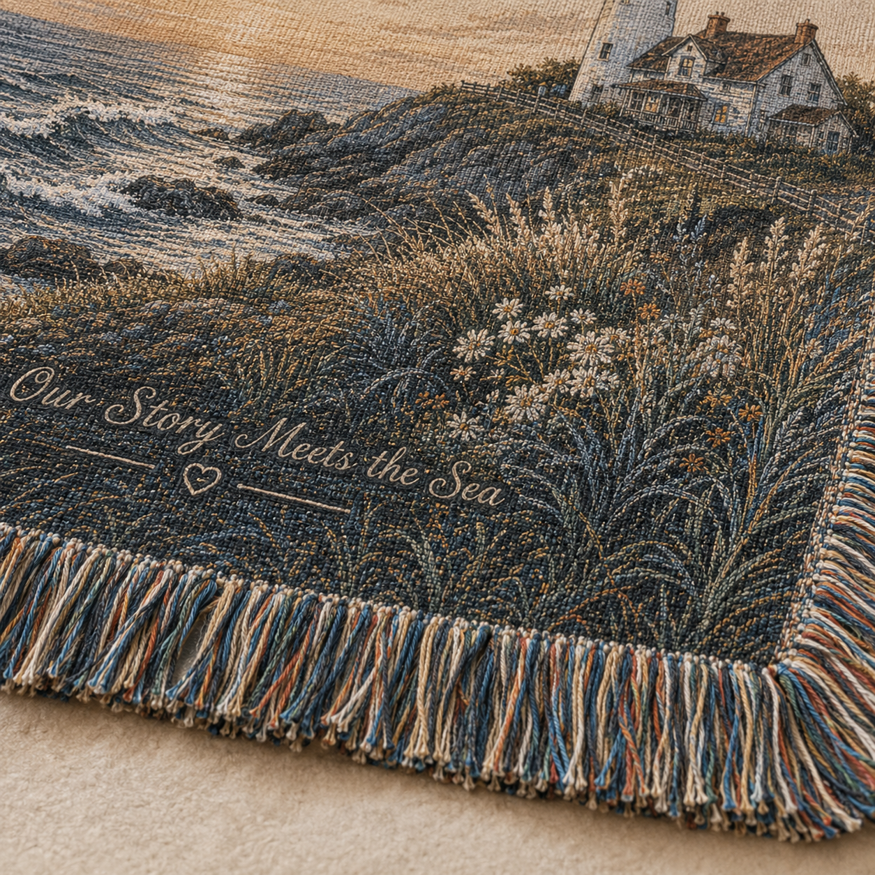 Macro detail of woven texture and multicolor fringe on personalized coastal wedding blanket