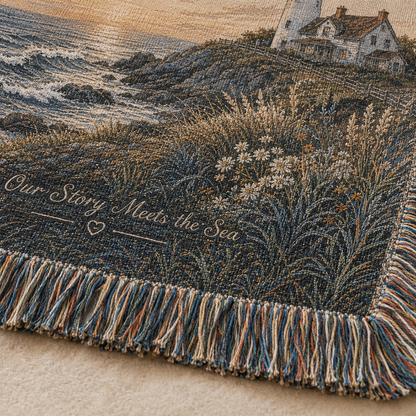 Macro detail of woven texture and multicolor fringe on personalized coastal wedding blanket