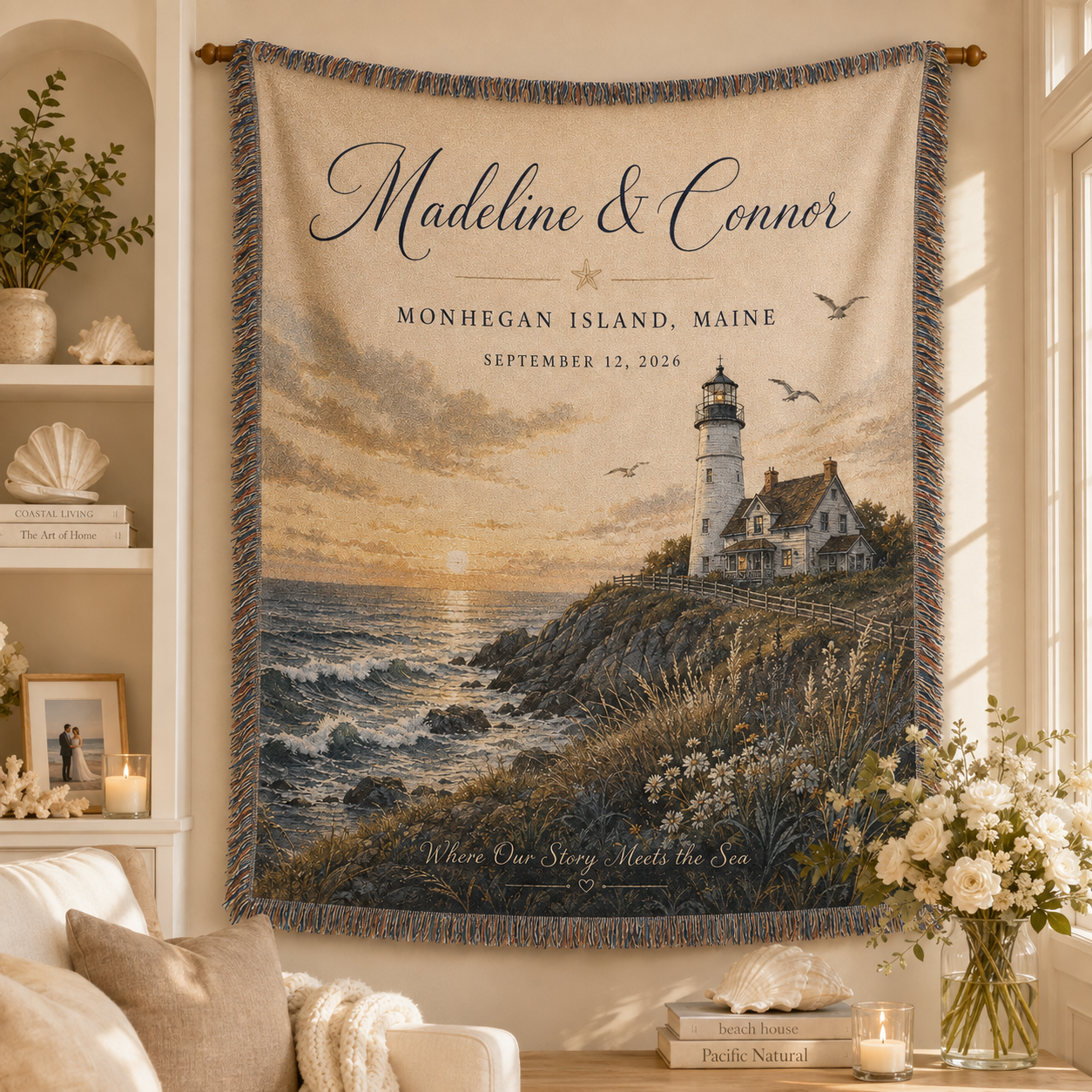 Personalized coastal lighthouse wedding woven blanket displayed as romantic wall decor