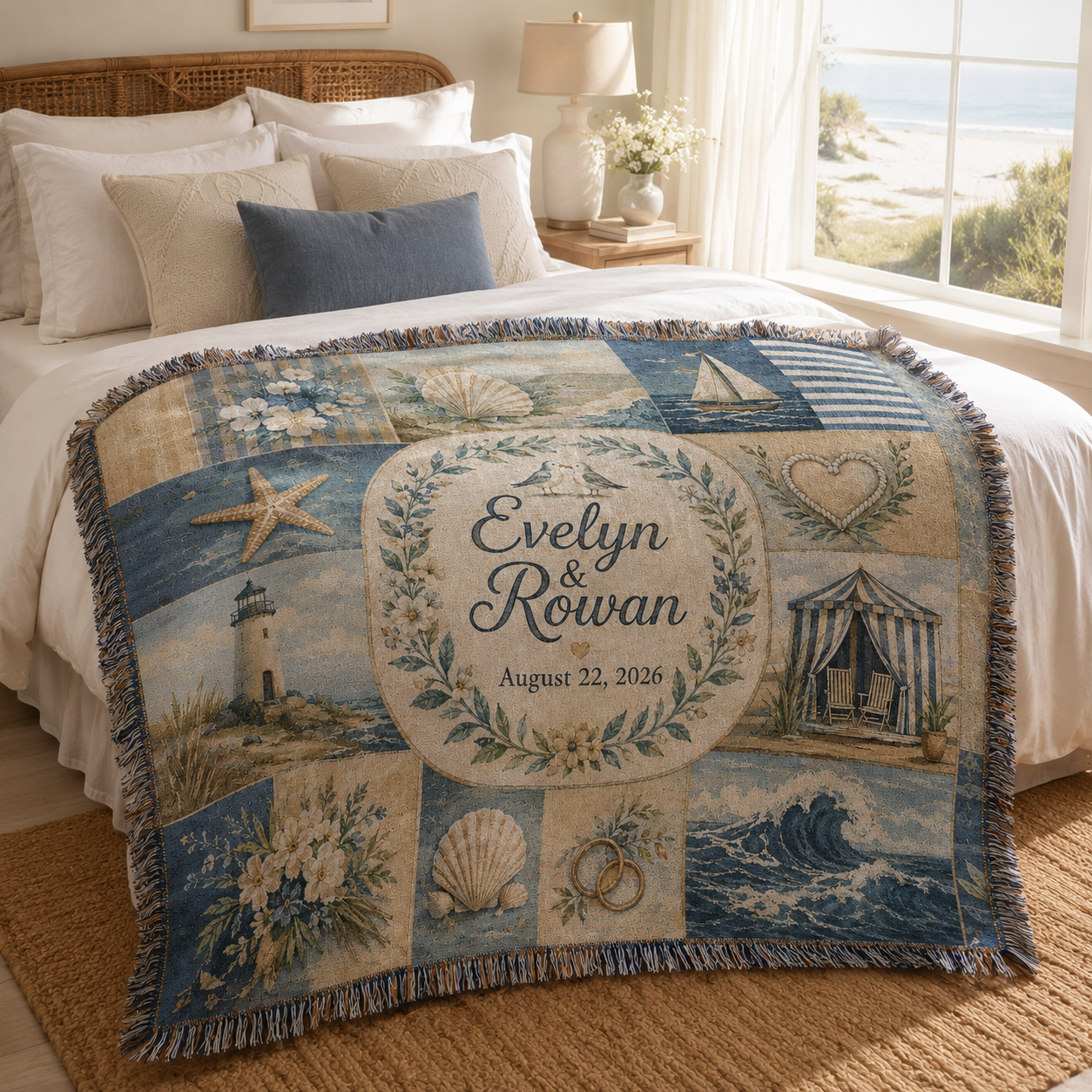 Personalized coastal patchwork wedding woven blanket styled across a bright coastal bedroom bed