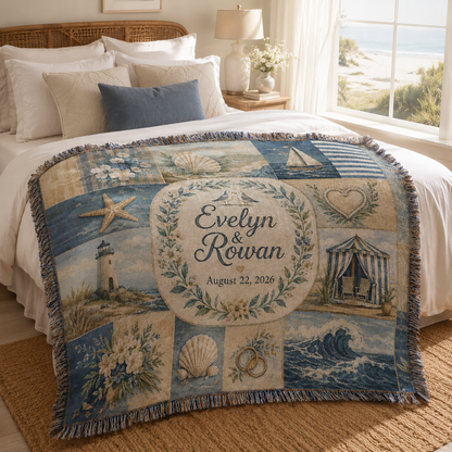 Personalized coastal patchwork wedding woven blanket styled across a bright coastal bedroom bed