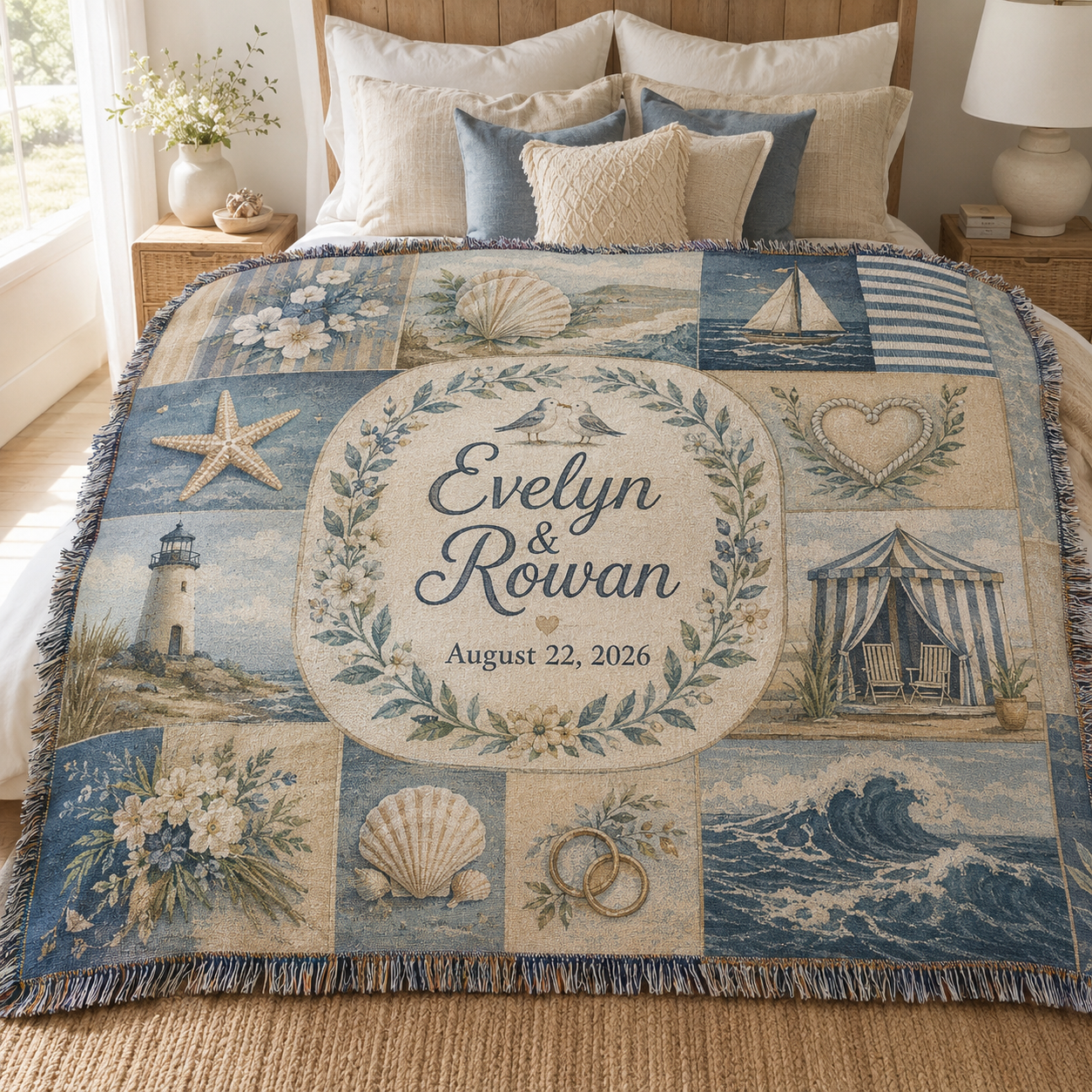 Personalized coastal patchwork wedding woven blanket with couple names and wedding date