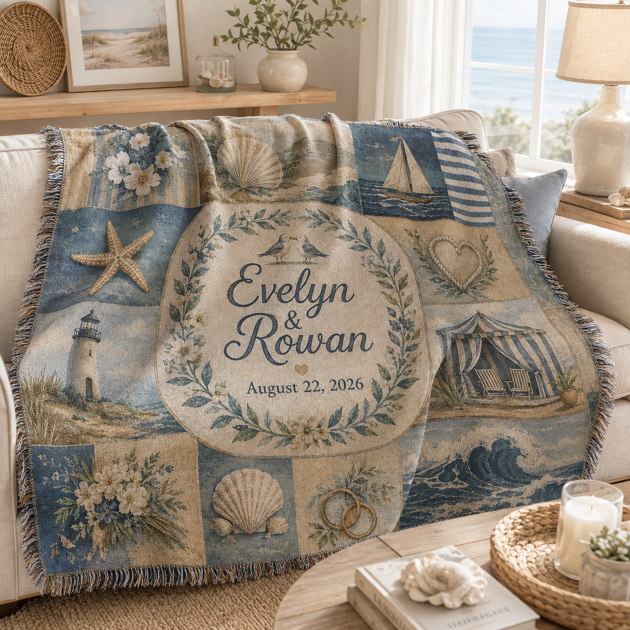 Personalized coastal wedding woven blanket softly draped on a neutral sofa