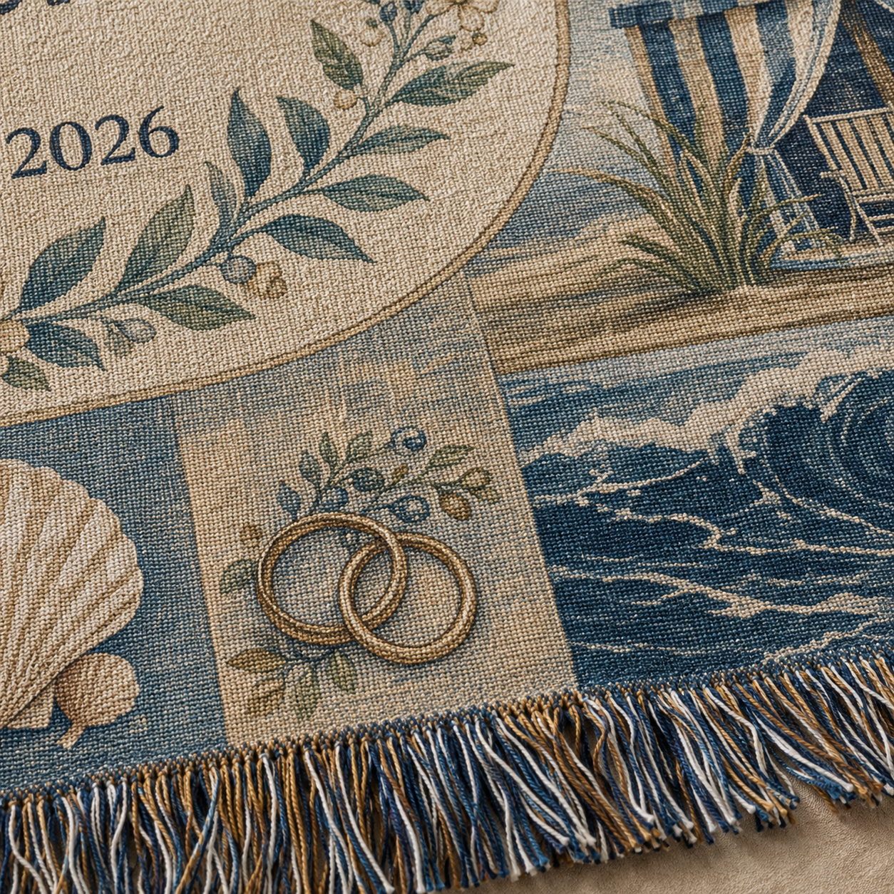 Macro woven texture and multicolor fringe detail of coastal wedding blanket