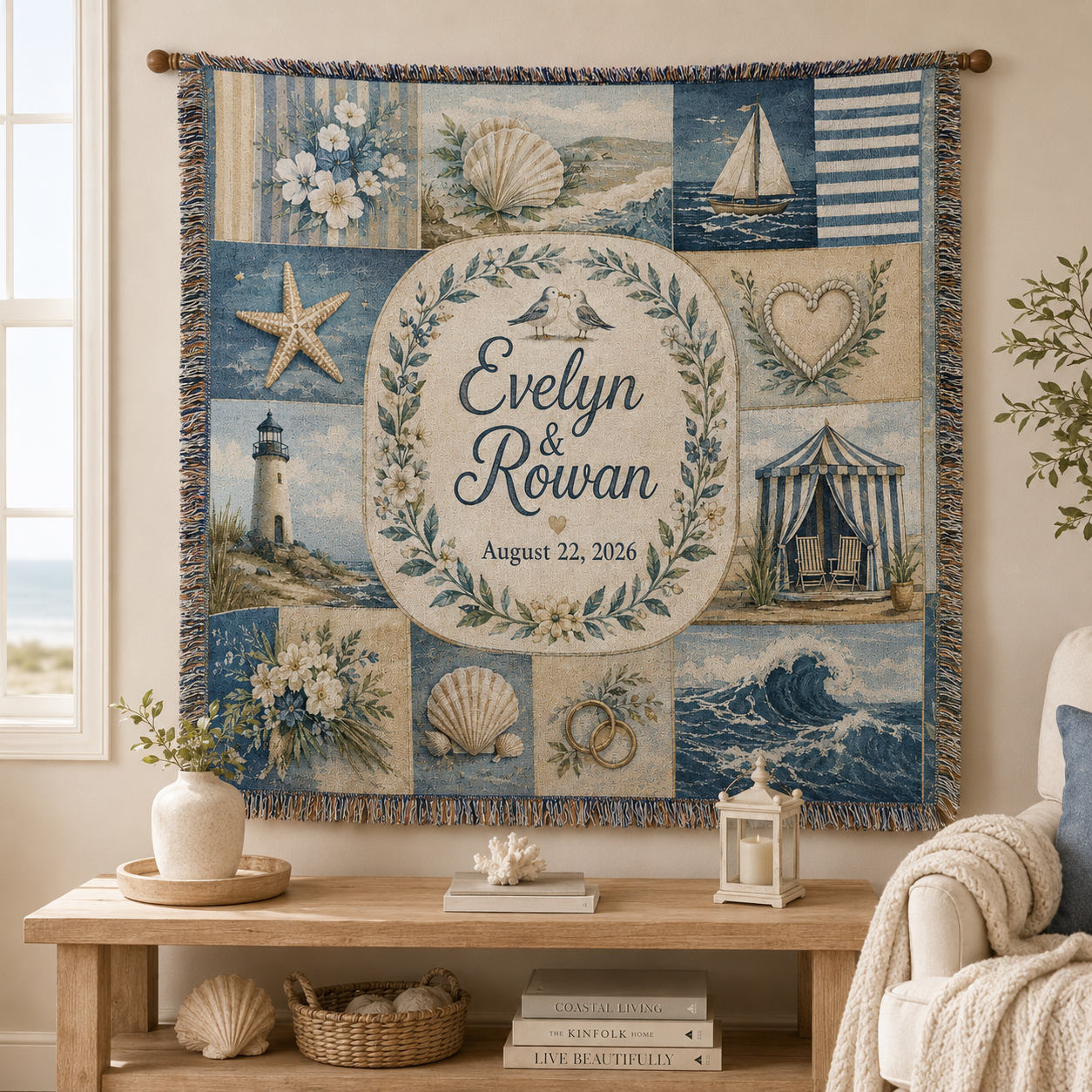 Personalized coastal wedding woven blanket displayed as wall decor