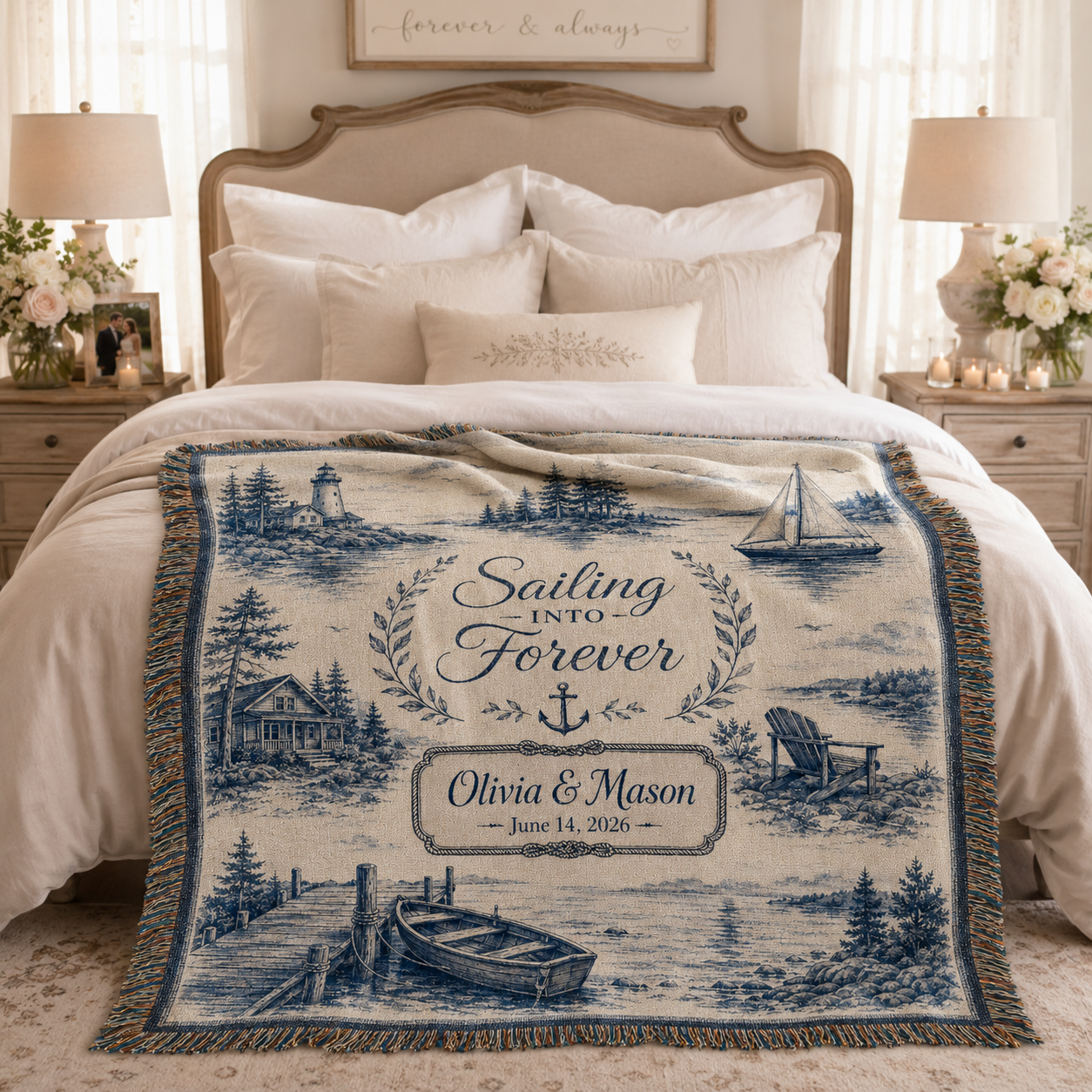 Personalized coastal wedding woven blanket styled across a bed in an elegant newlywed bedroom