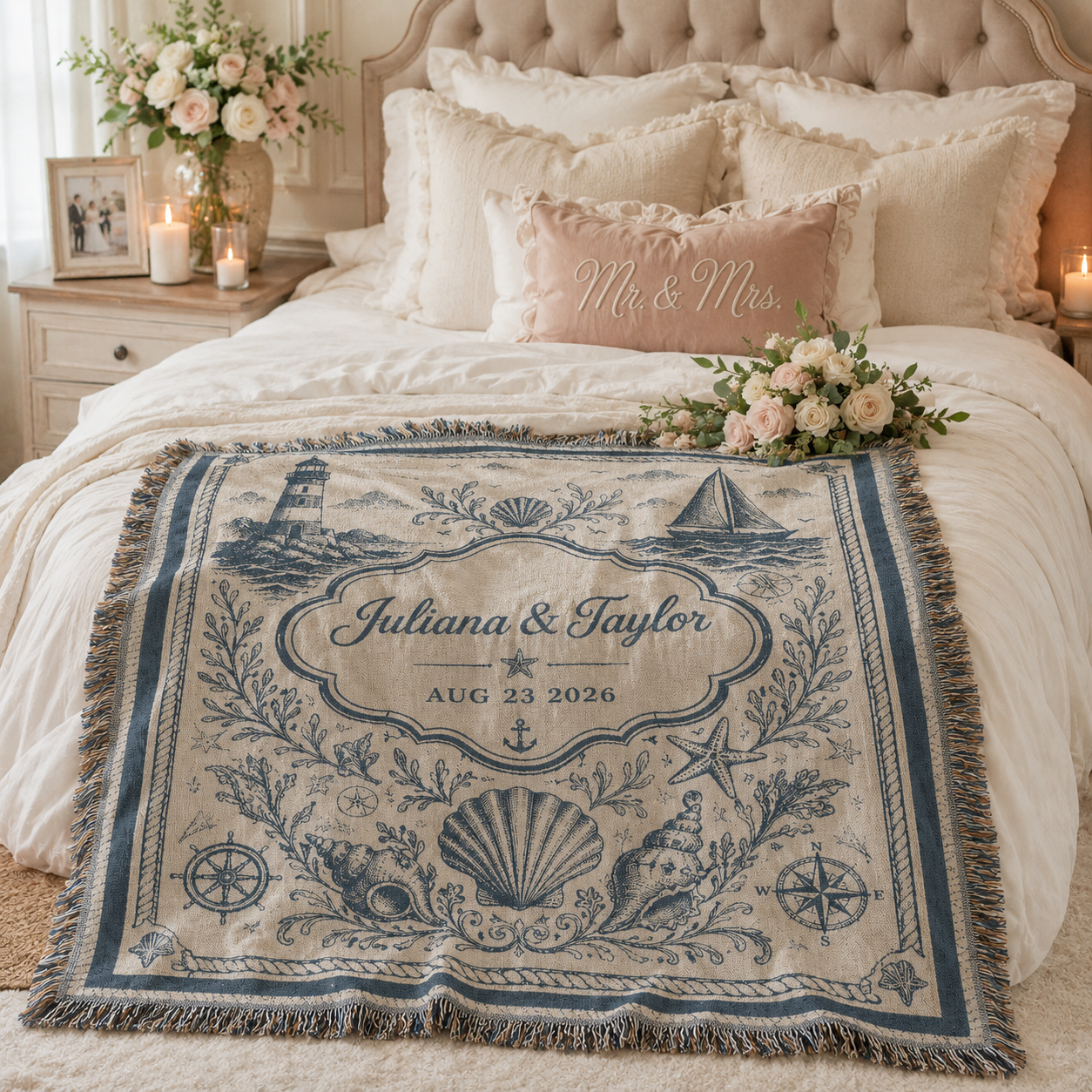 Personalized coastal wedding woven blanket styled across a romantic bedroom bed with custom names and date