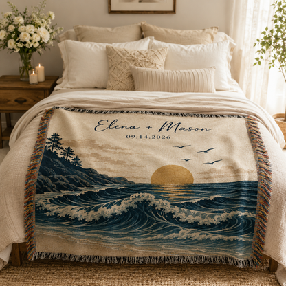 Personalized coastal wedding woven blanket styled across a bedroom bed