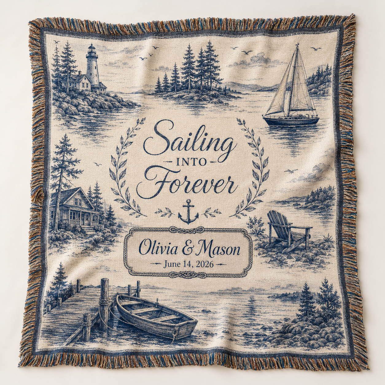 Personalized coastal wedding woven blanket with Sailing Into Forever design, custom couple names and date