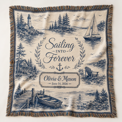 Personalized coastal wedding woven blanket with Sailing Into Forever design, custom couple names and date