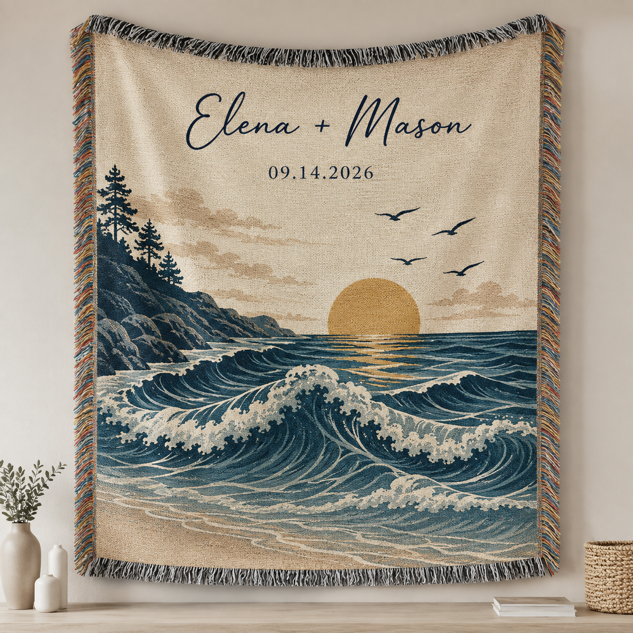 Personalized coastal wedding woven blanket with custom couple names, sunset ocean waves and fringe