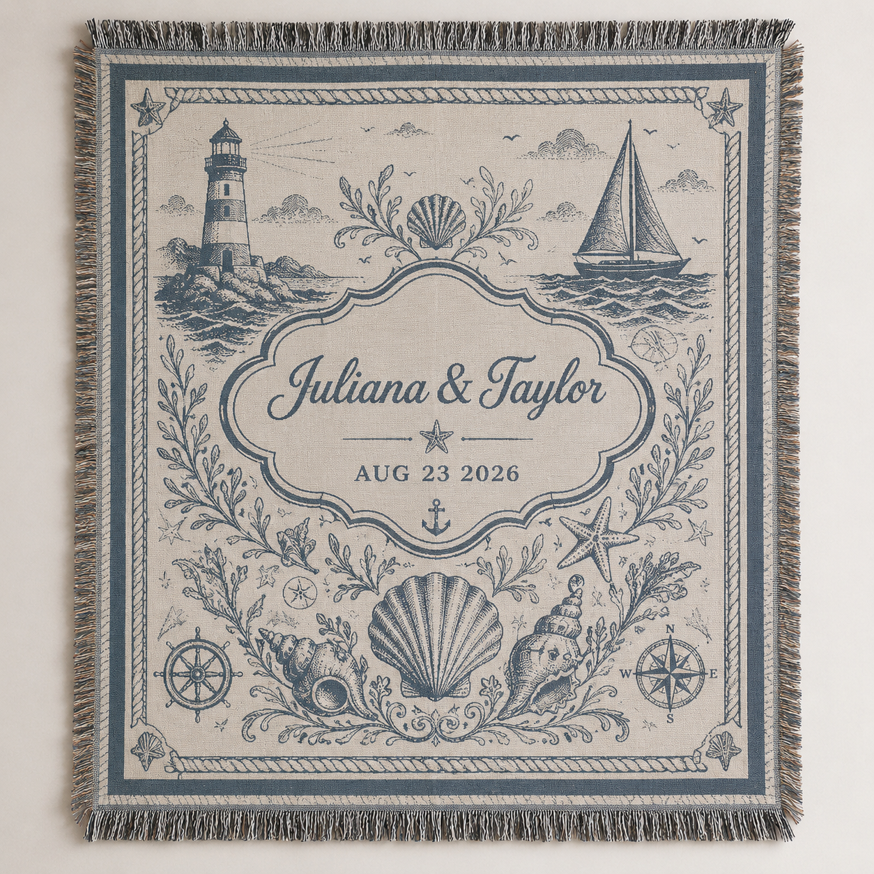 Personalized coastal wedding woven blanket with custom couple names and date, lighthouse, sailboat, seashells and fringe
