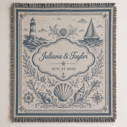 Personalized coastal wedding woven blanket with custom couple names and date, lighthouse, sailboat, seashells and fringe