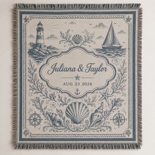 Personalized coastal wedding woven blanket with custom couple names and date, lighthouse, sailboat, seashells and fringe