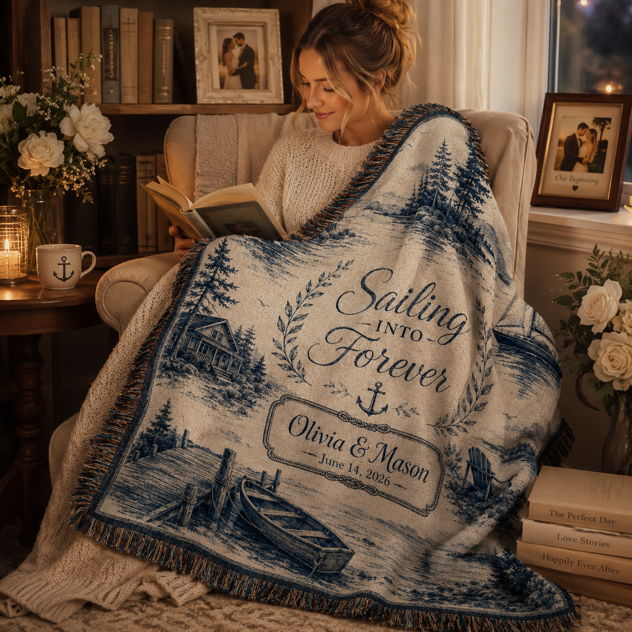 Personalized coastal wedding woven blanket used in a cozy reading nook with soft natural drape