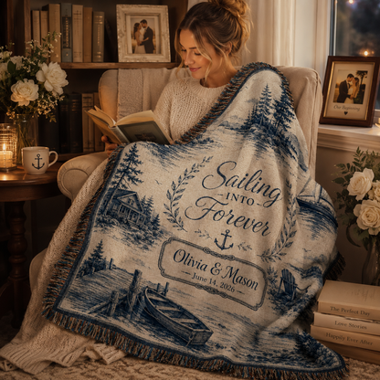 Personalized coastal wedding woven blanket used in a cozy reading nook with soft natural drape
