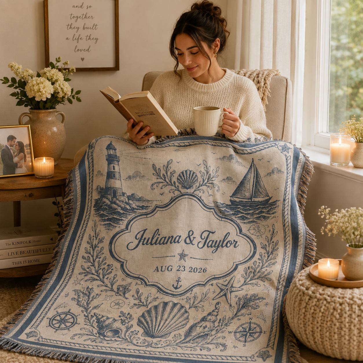 Woman reading with a personalized coastal wedding woven blanket featuring custom couple names and nautical artwork