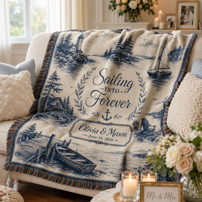 Personalized coastal wedding woven blanket softly draped on a sofa in a romantic living room