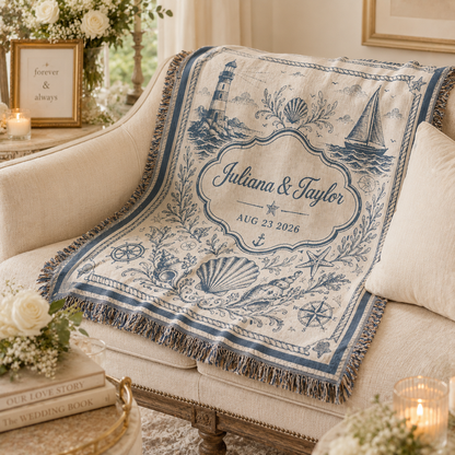 Personalized nautical wedding woven blanket softly draped on a cream sofa in a romantic living room