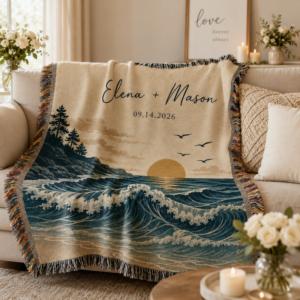 Personalized coastal wedding woven blanket softly draped on a sofa