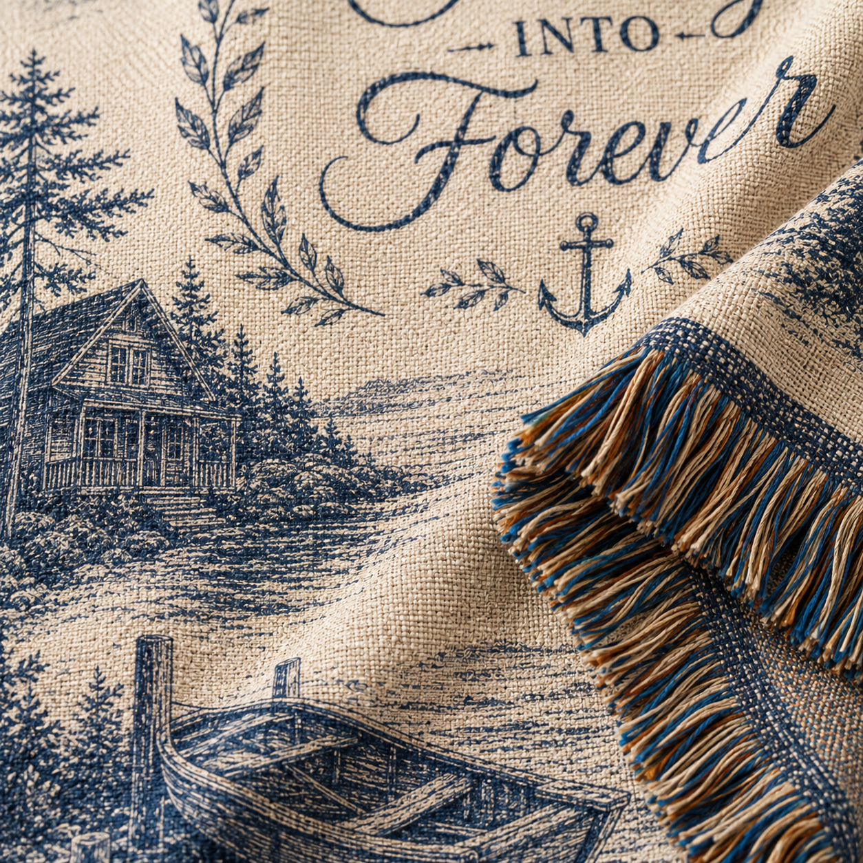 Close-up of woven texture and multicolor fringe on personalized coastal wedding blanket