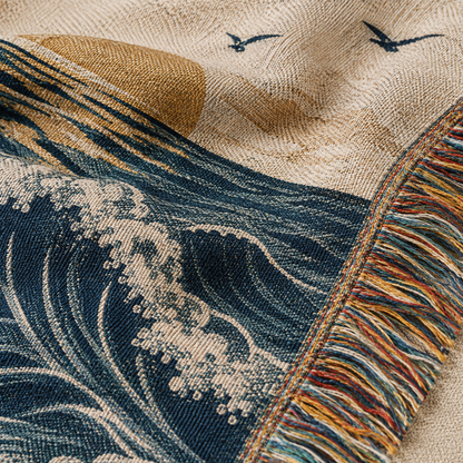 Macro woven texture and multicolor fringe detail of coastal wedding blanket