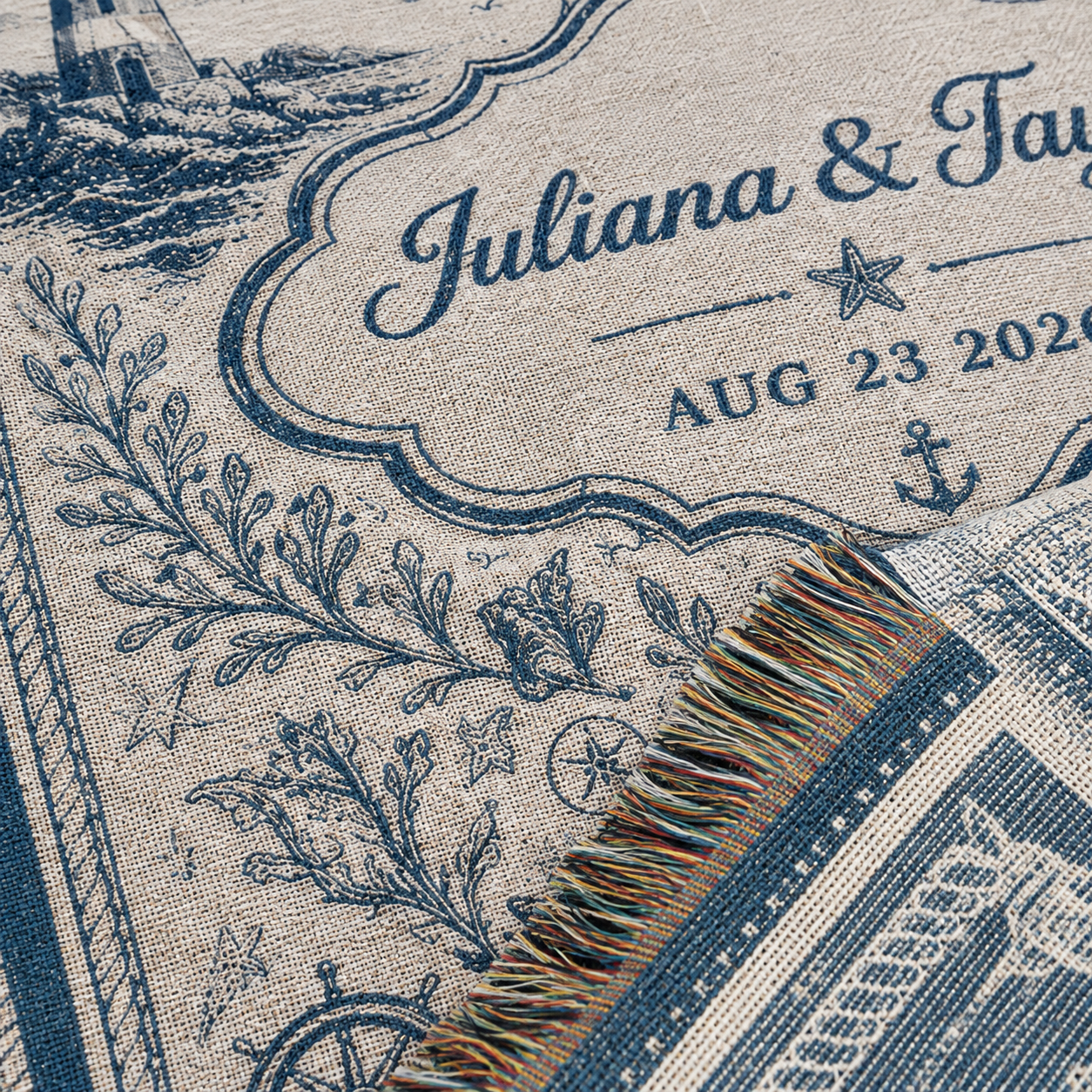 Macro woven texture and multicolor fringe detail of a personalized coastal wedding blanket