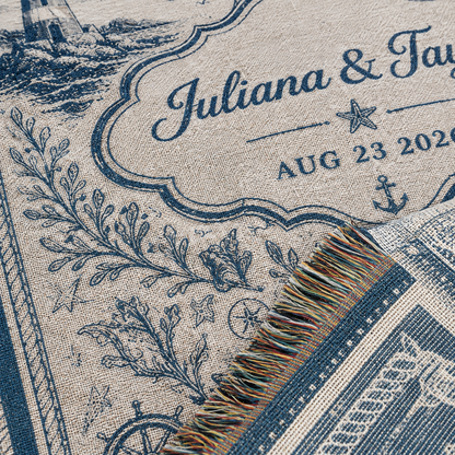 Macro woven texture and multicolor fringe detail of a personalized coastal wedding blanket