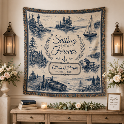 Personalized coastal wedding woven blanket displayed as textile wall decor with lighthouse and sailboat artwork