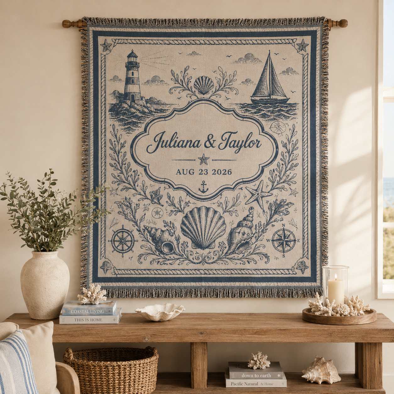 Personalized coastal wedding woven blanket displayed as wall decor above a rustic console in a coastal home