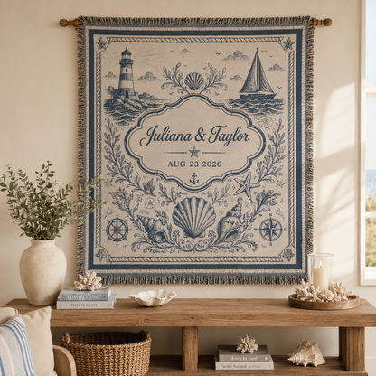 Personalized coastal wedding woven blanket displayed as wall decor above a rustic console in a coastal home