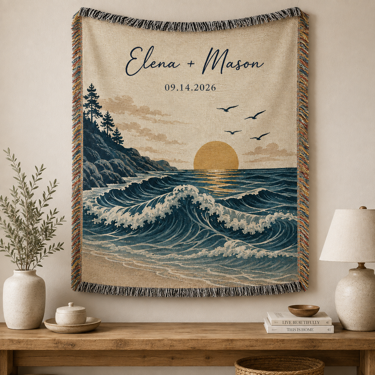 Personalized coastal wedding woven blanket displayed as wall decor