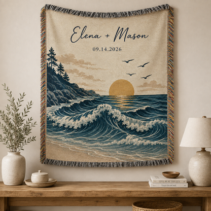 Personalized coastal wedding woven blanket displayed as wall decor