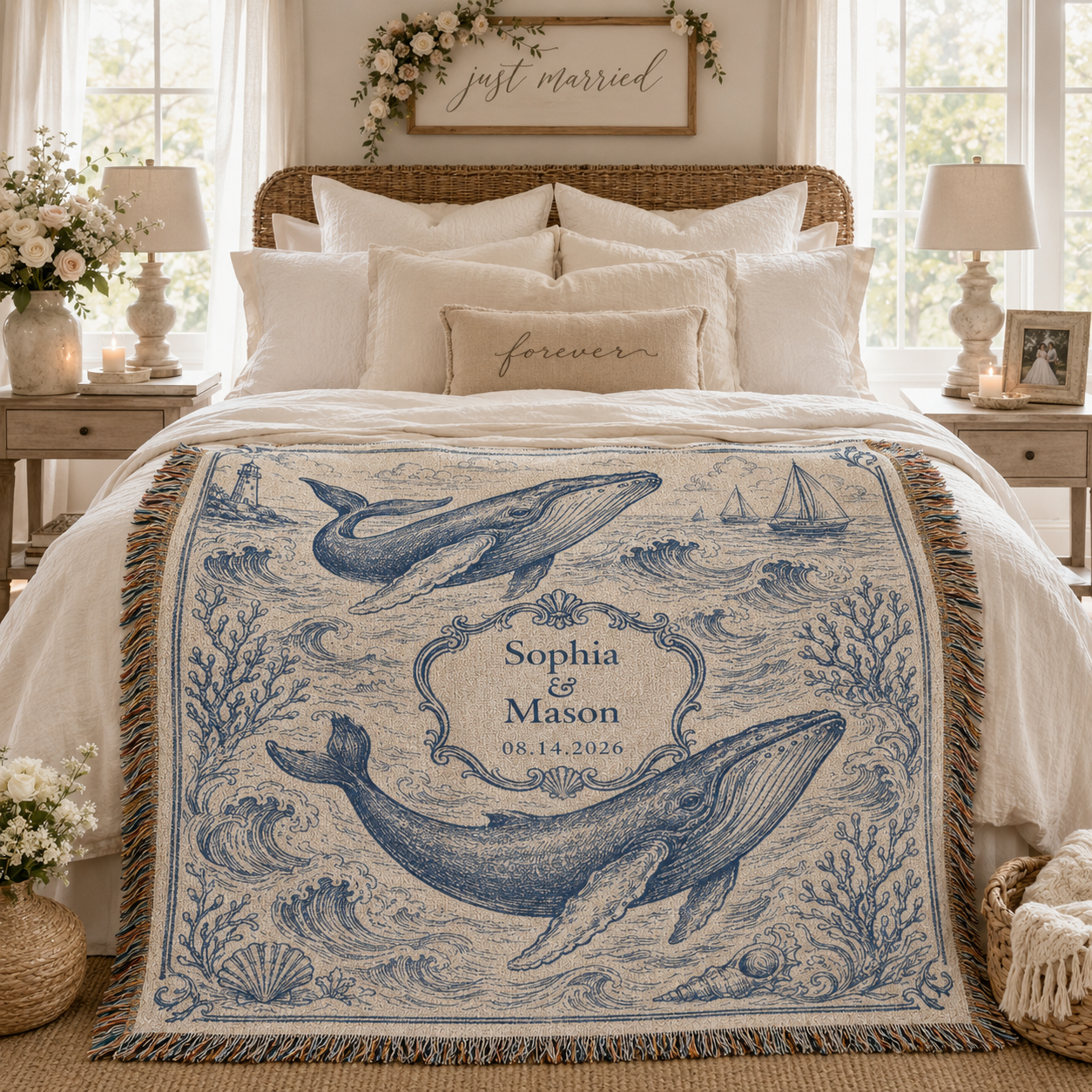 Personalized coastal whale wedding woven blanket styled across a romantic neutral bed